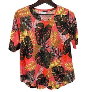 Foil Womens Medium 100% Linen Tropical Monstera Palm Leaf Tee Pink Orange Green